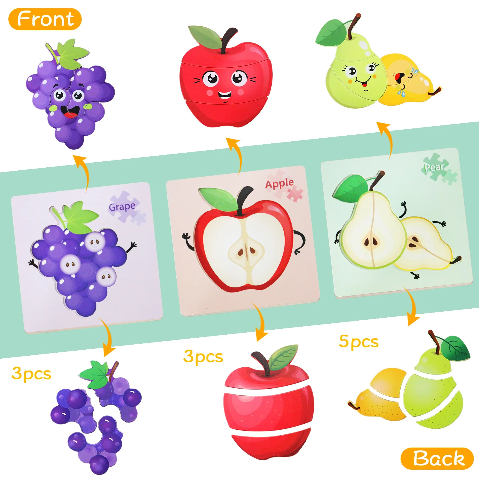 2-Sided Fruit madeira Jigsaw Puzzle para crianças, Montessori Educacional Aprendizagem Brinquedos, 6 pcs