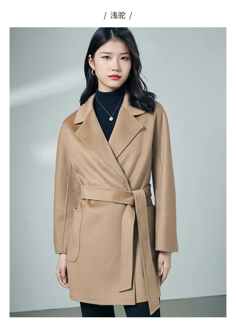 

Thigh-Length Coat 100% Cashmere Overcoat Handmade Turn-down Collar Belt Dense Fabric Notch Lapel Autumn Winter Jacket