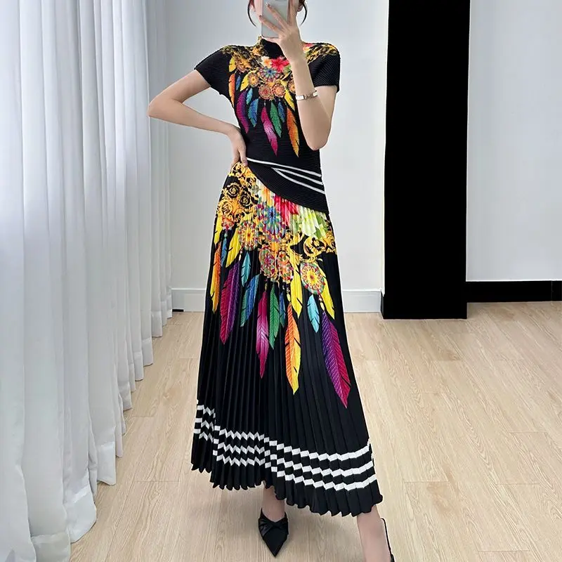 Miyake Retro Skirts Set 2026 Summer New Short Sleeve Tops + Printed Pleated Skirt Two Piece Suits Women Fashion Skirts Outfits