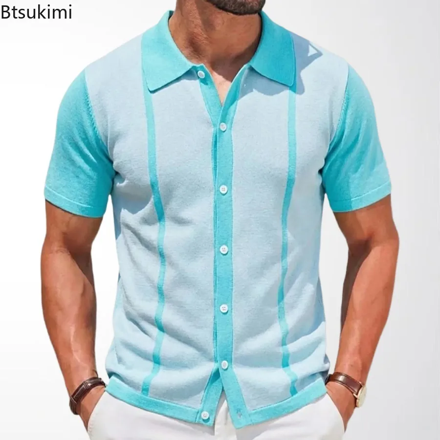 2026 Men's Summer Casual Shirts Knitted Patchwork Striped Polo Shirt Men Turn-down Collar Button Slim Fit Tops Ice Silk T-shirt