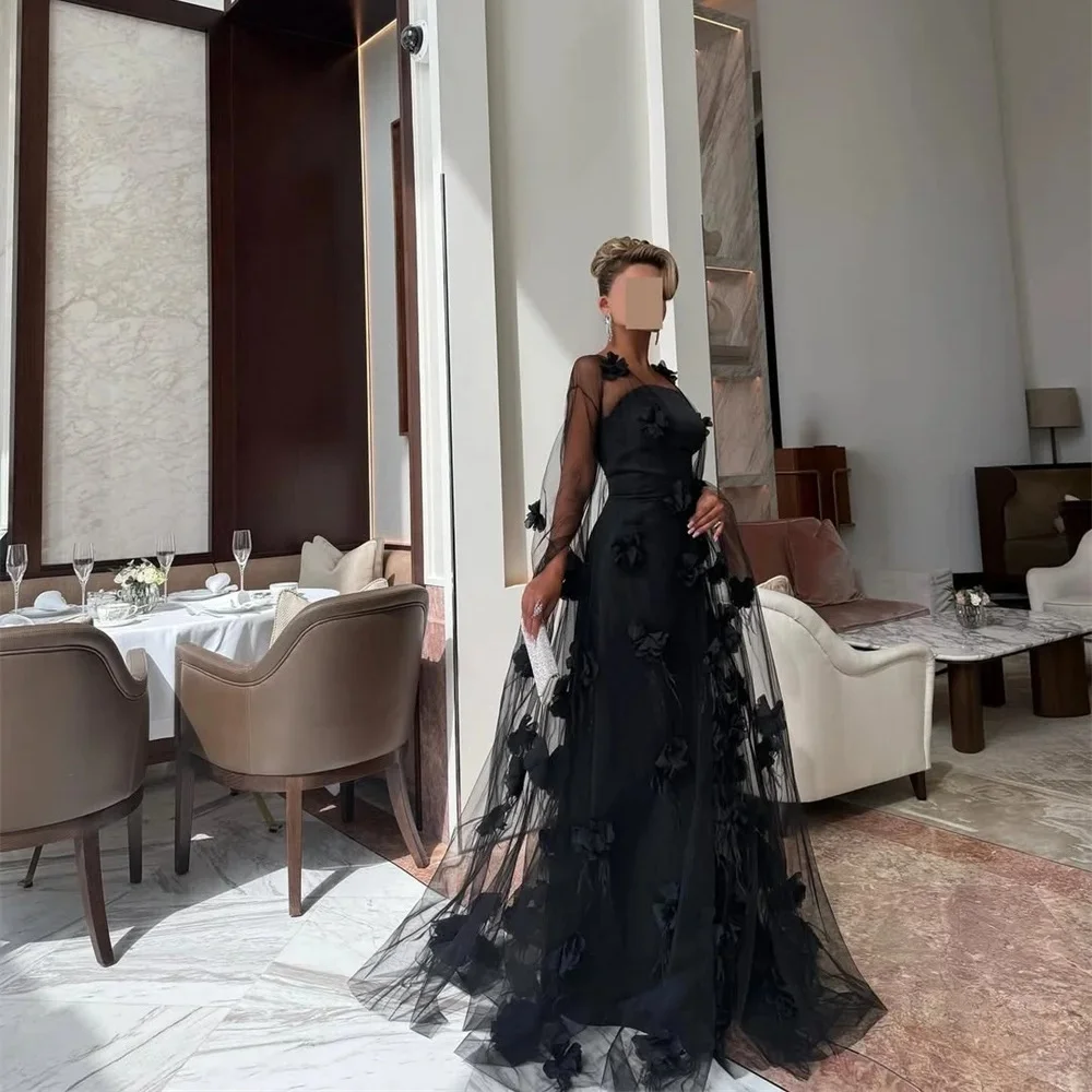 

Charming Black Mermaid Prom Dresses Strapless Dubai Formal Evening Gowns with Flowers Appliques Long Robe de Soriee Customized