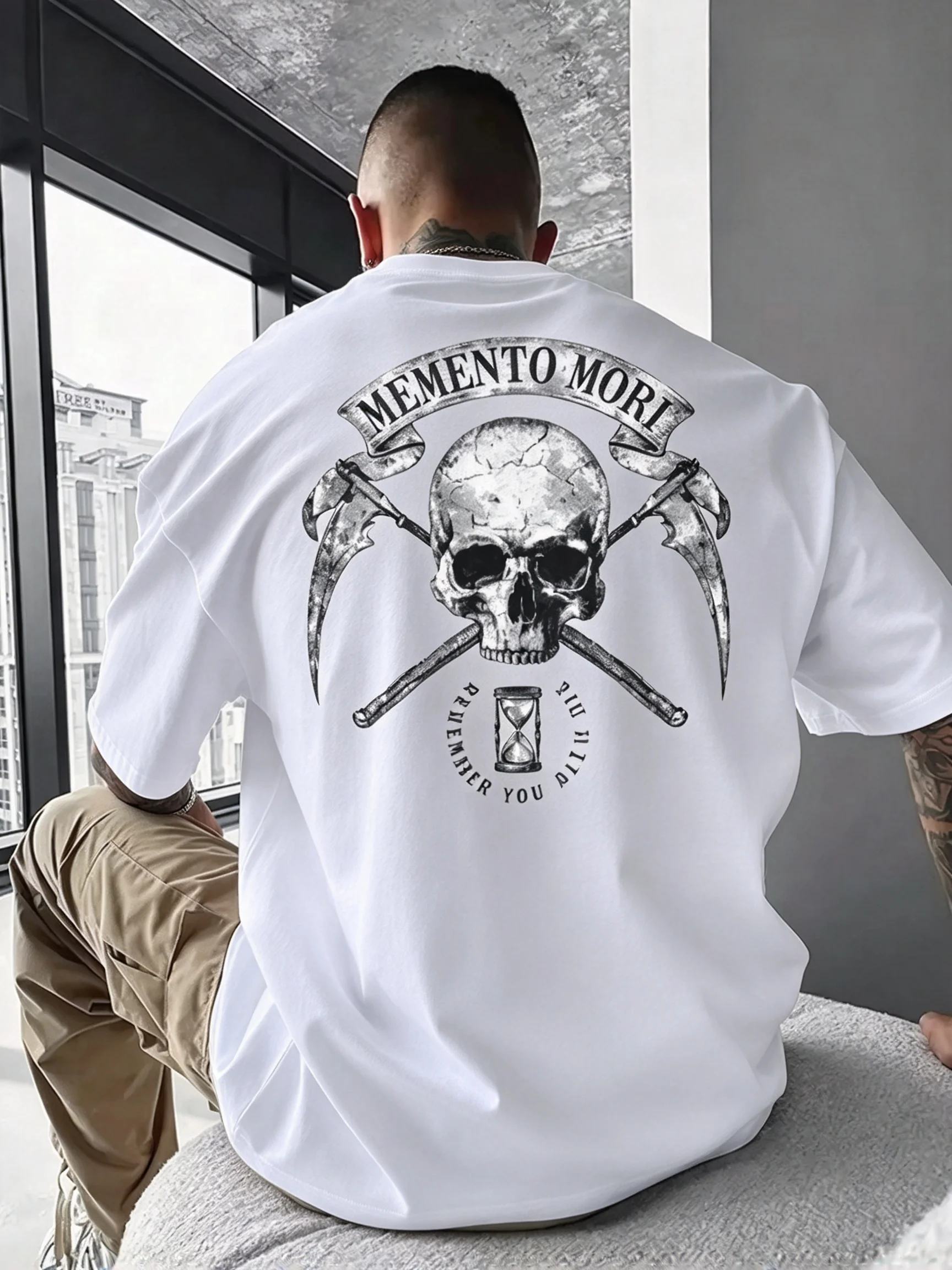 2026 Men Gothic Street T Shirt Back Skull Scythe Hourglass Print Short Sleeve Tee Vintage Distressed Casual Cotton Tops