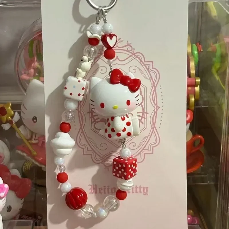 

Anime Sanrio Hello Kitty Kawaii Phone Lanyard Anti-Lost Lanyard Key Short Wrist Rope Keychain Beaded Phone Chain Girl Gift