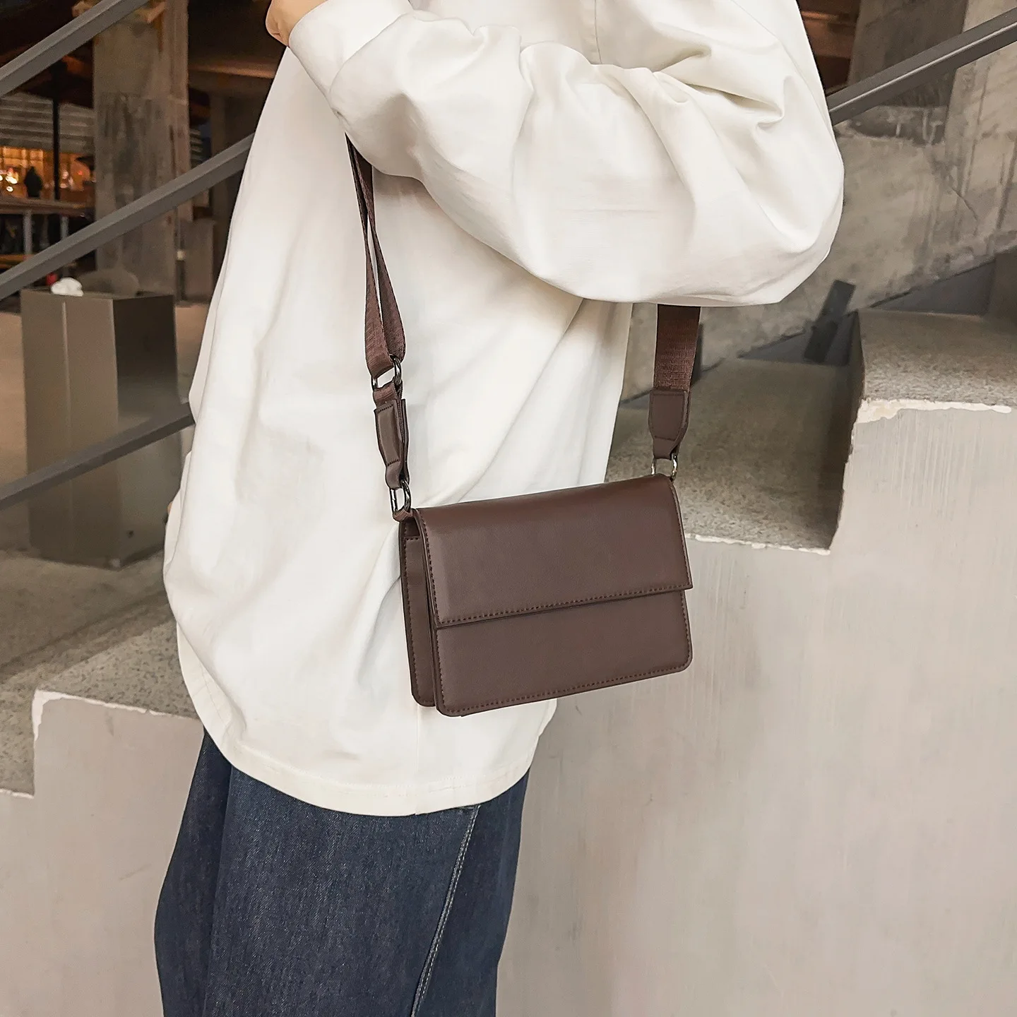 PU Leather Crossbody Bag Men Mini Flap Shoulder Purse Casual Square Messenger Satchel Handbag Adjustable Strap Daily Commute