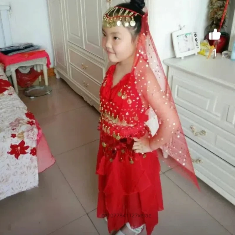 ชุด 6 ชิ้นเด็กอินเดียเต้นรําเครื่องแต่งกาย,สีชมพู Glitter Top,กระโปรงเอว CHAIN,Belly Dance Performance