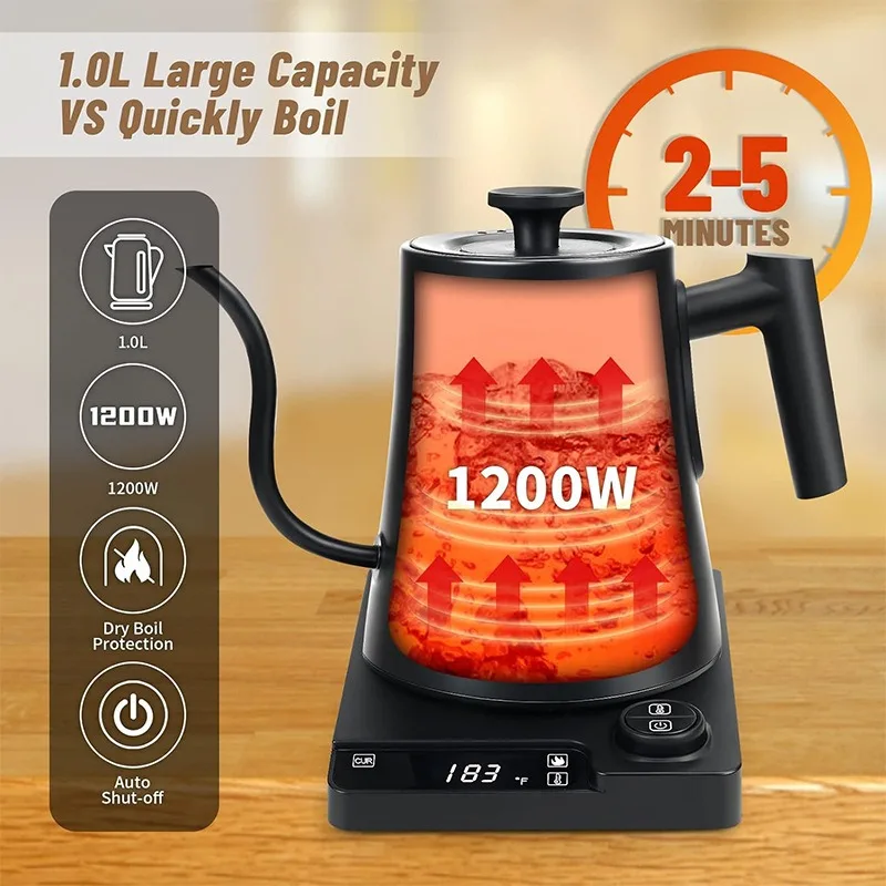 1200W Portable Gooseneck Kettle Water Boiler with Temperature Control LCD Display Auto Shut Off Pour Over Coffee Tea Kettle