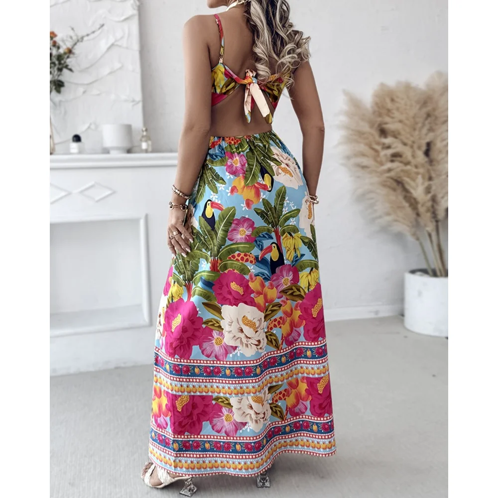 Mujeres ahuecan hacia fuera el halter estampado floral atado en la espalda casual una línea maxi vestido recortado playa vacaciones de verano trajes de moda
