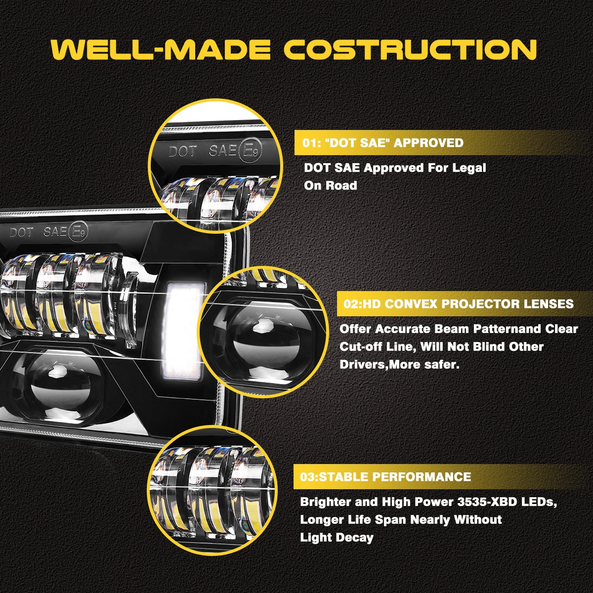 4x6 أضواء LED شعاع عالي منخفض مختوم مع إشارة الانعطاف DRL مستطيلة LED ضوء 4 قطعة للشاحنات Kenworth Freightliner مع H4651