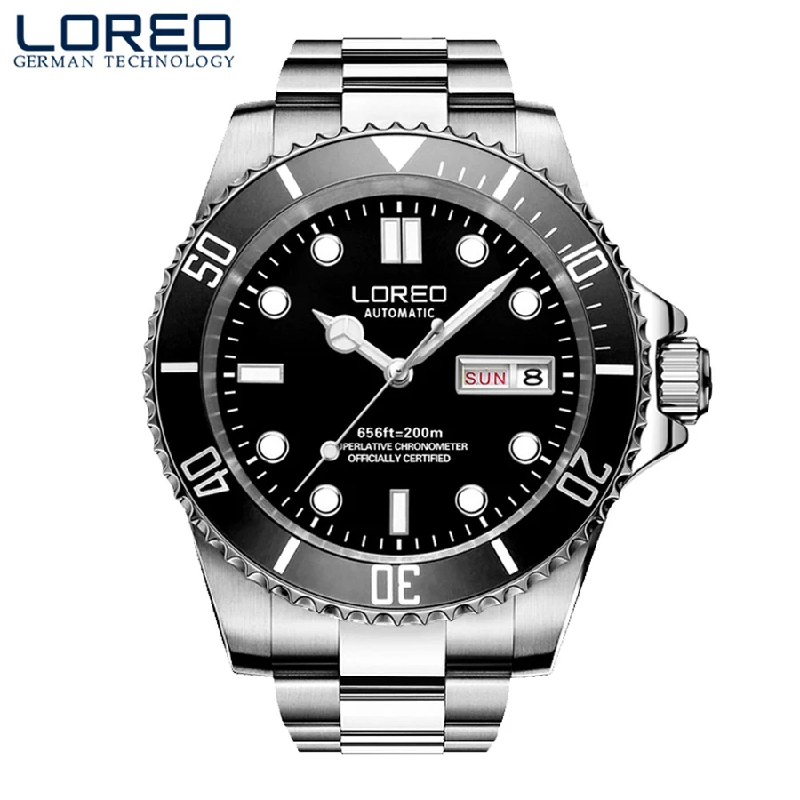 LOREO Diving Series Luxury Automatic Watch for Men Stainless Steel Calendar Mechanical Watches 200m Waterproof Fashion Casual