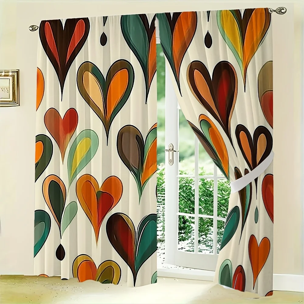 2 pieces of abstract heart-patterned curtains with olive green and creamy white organic forms on a neutral background.