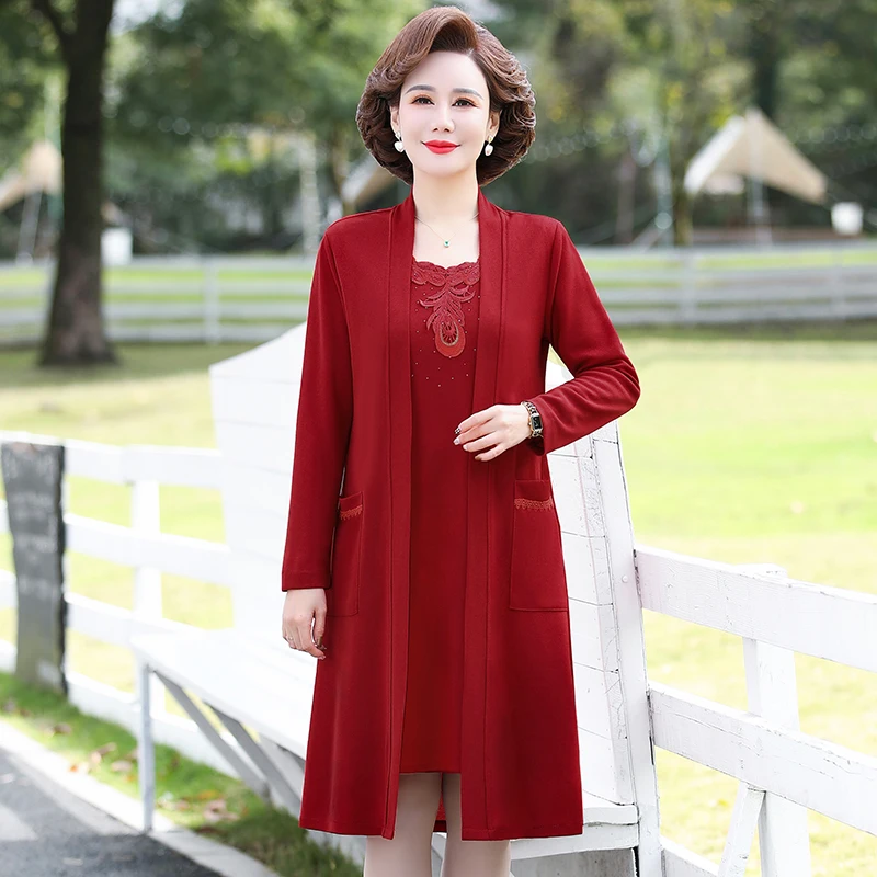 

2023 Middle-aged Mother Autumn Women's dress Women's Clothing Vestidos Two-piece Suit Style Jacket Feast Dress