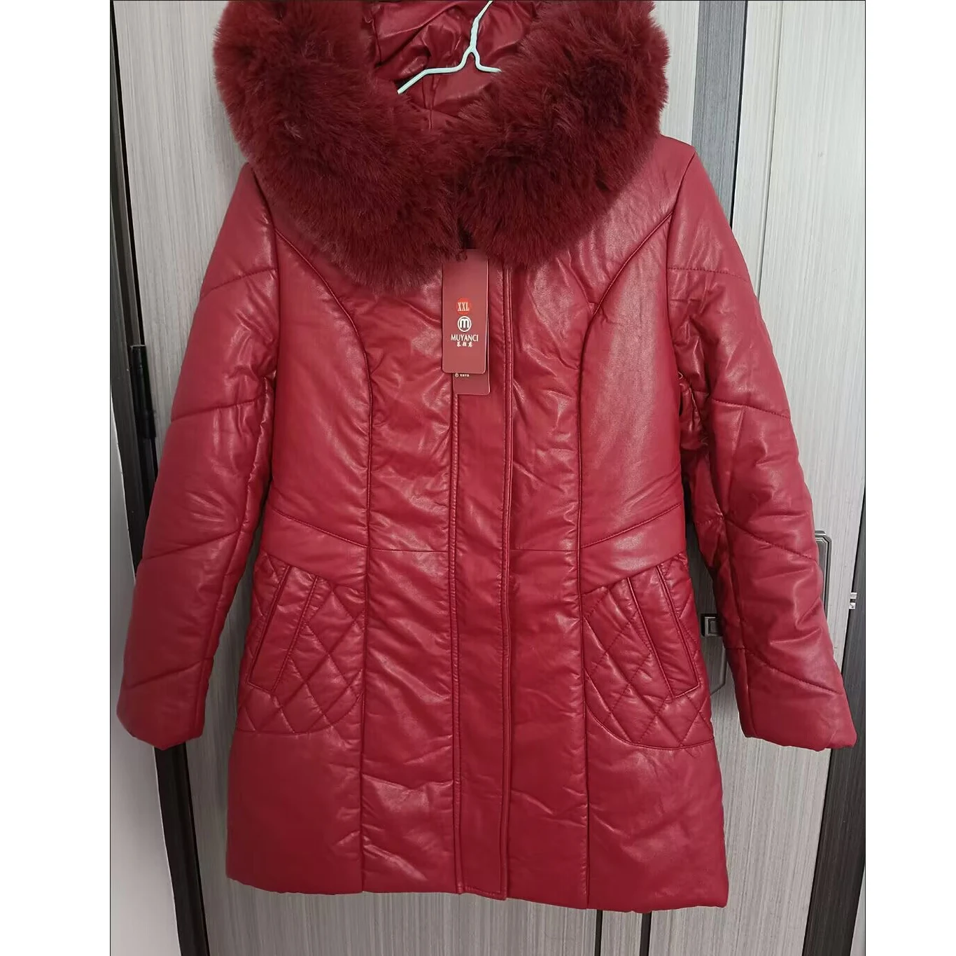 

Middle Aged Women's PU Leather Jacket Winter New Thicken Warm Leather Parkas Coat Fur Collar Hooded Down Cotton Overcoat Female