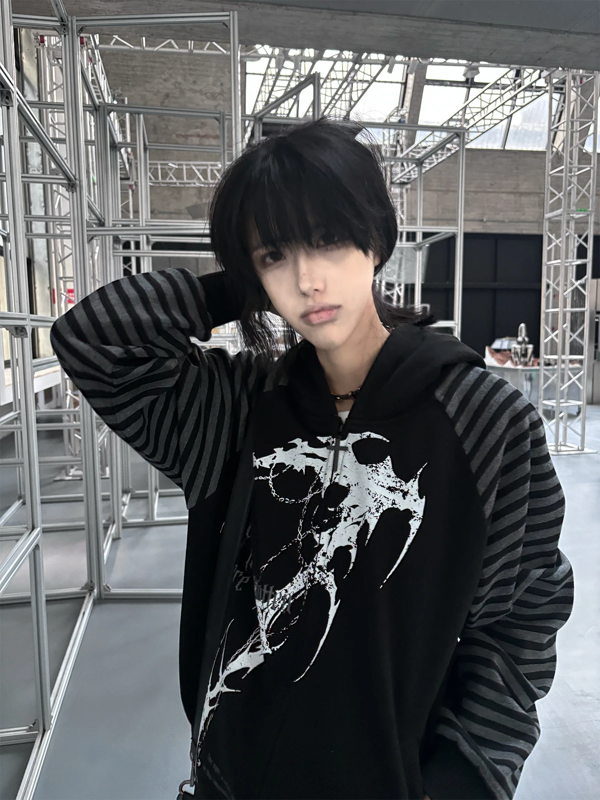 Dark Gothic Thin Hoodie Women's Loose Outerwear Tattoo Print Top Unisex Cotton Long Sleeve Zipper Closure Daily Wear