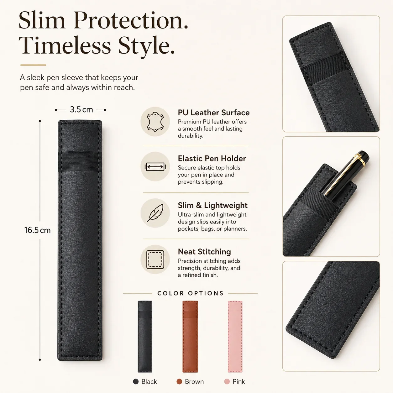 Book Style Pen Case PU Leather Elastic Holder with Strap for Stationery Organizer
