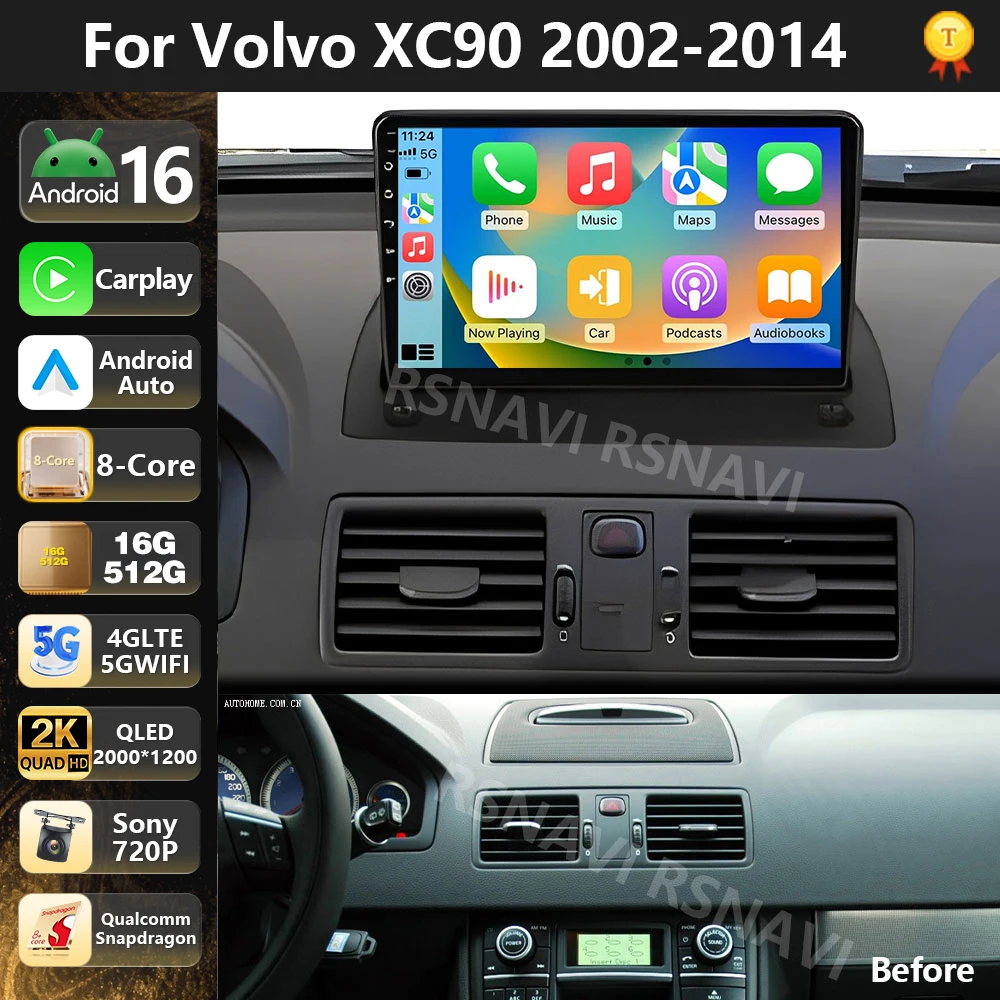Radio Multimedia para Auto con Qualcomm Android 16 para Volvo XC90 XC 90 2004-2014, Auto Carplay, Estéreo, 4G, Wifi, Bluetooth, 2 Din, GPS, Unidad Principal