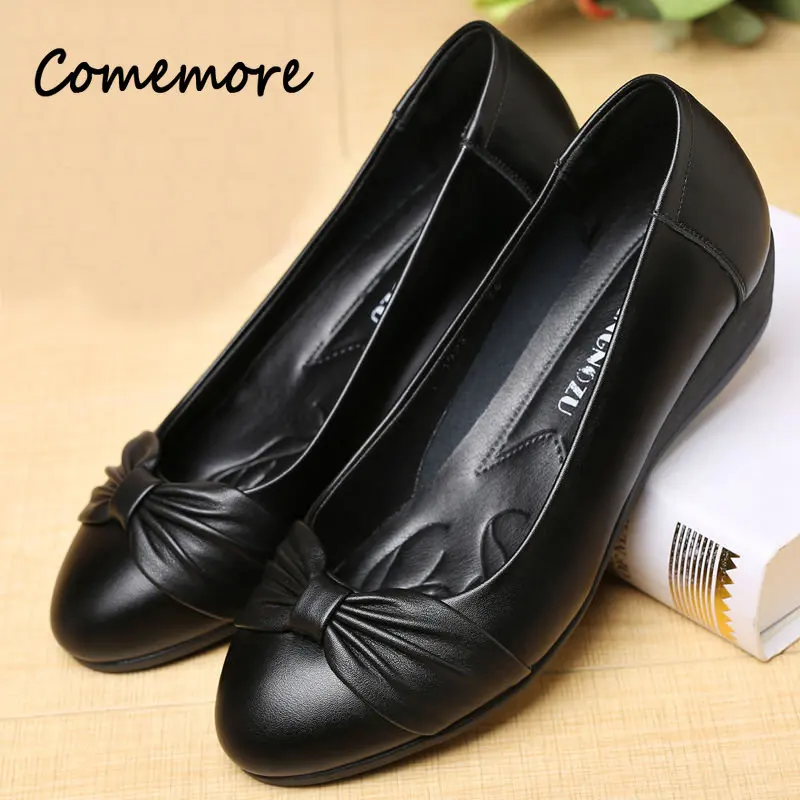 Comemore Office Shoes Women Wedge Heels Leather Black Ladies Shoe Fashion Elegant Slip on Women\'s Loafers Elderly Zapatos Mujer