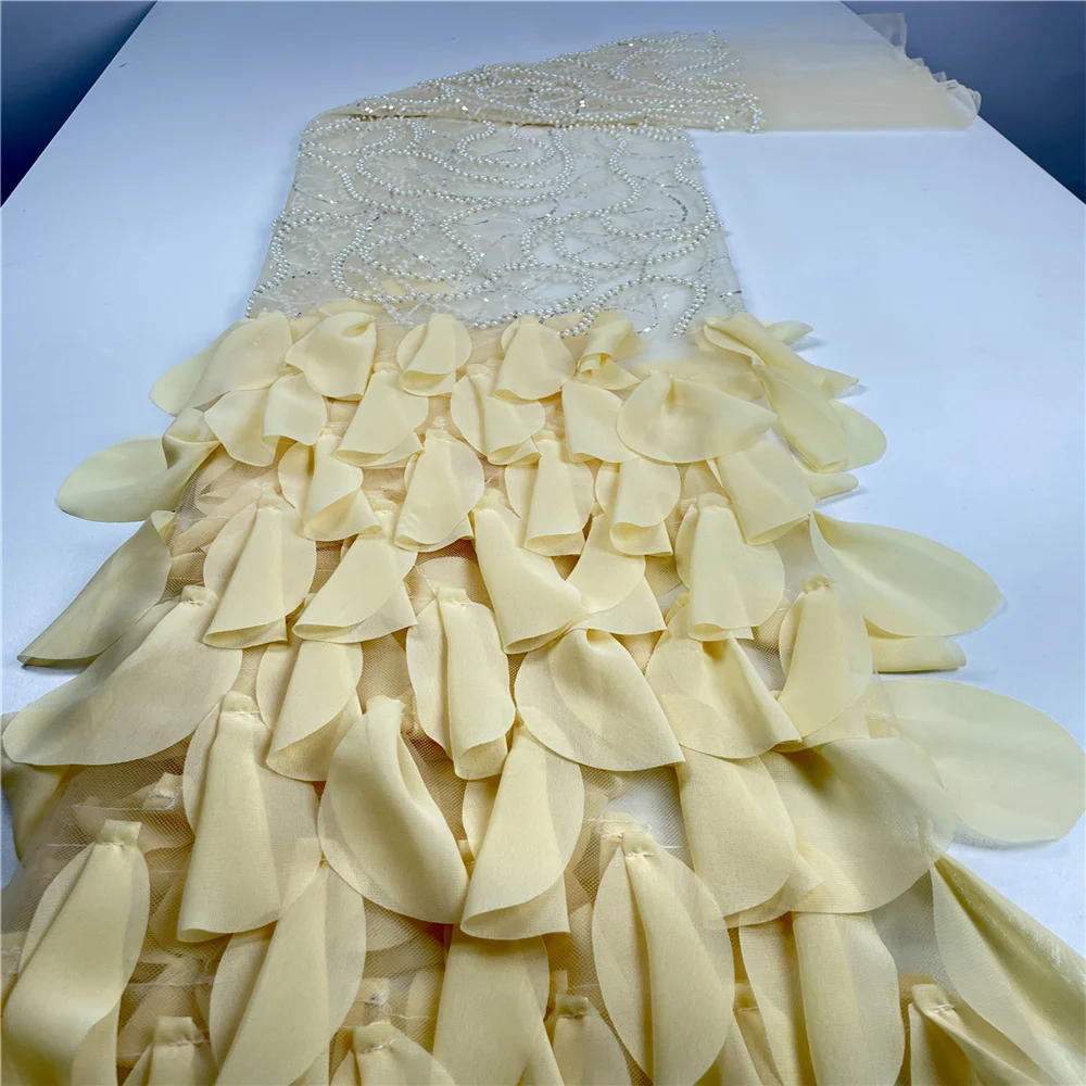 5 Yards Luxury African Lace Tulle Fabric French 3D Embroidered Applique Sequins Fabrics For Party Sewing Material-HY3258