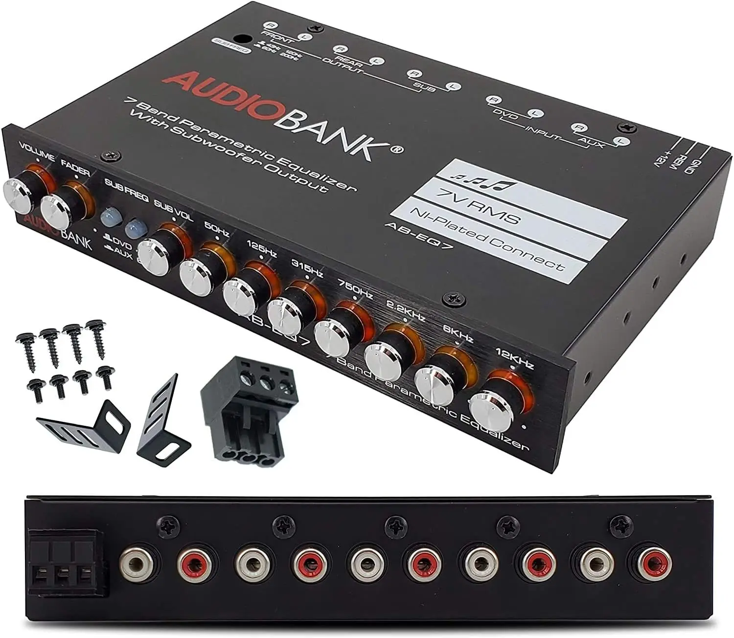 

EQ7 1/2 Din 7-Band Car Audio Equalizer with Adjustable Frequency, RCA Inputs, Subwoofer Output (43-120Hz, 60-200Hz)
