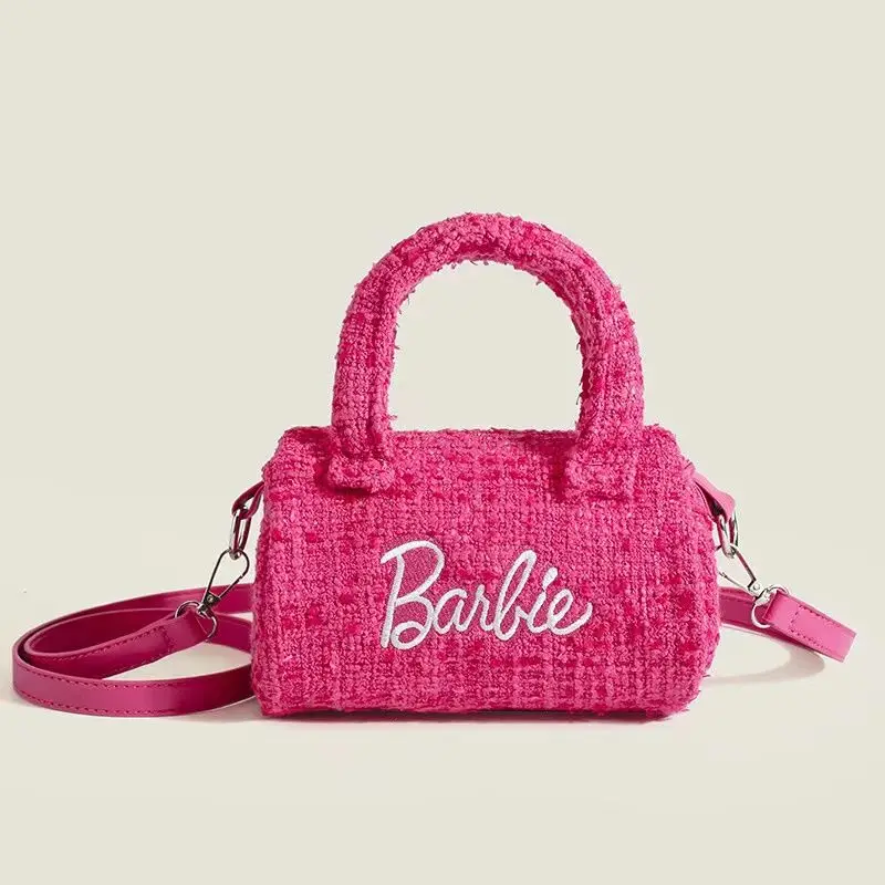 Fashion Barbie Pink Messenger Bags Cute Girls Barbie Handbag Women Shoulder Bag Cylindrical Bucket Bags Ornaments Holiday Gifts