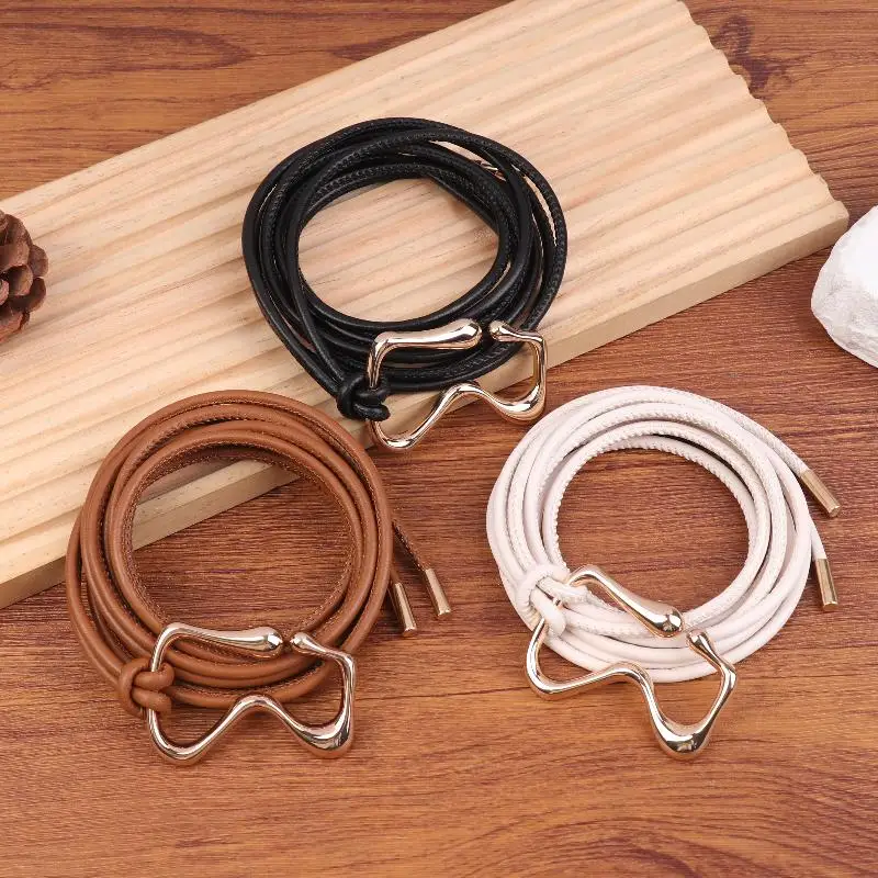 

Women's Casual PU Leather Thin Long Belt With Golden Buckle String Knotted Waistband For Dress Coat