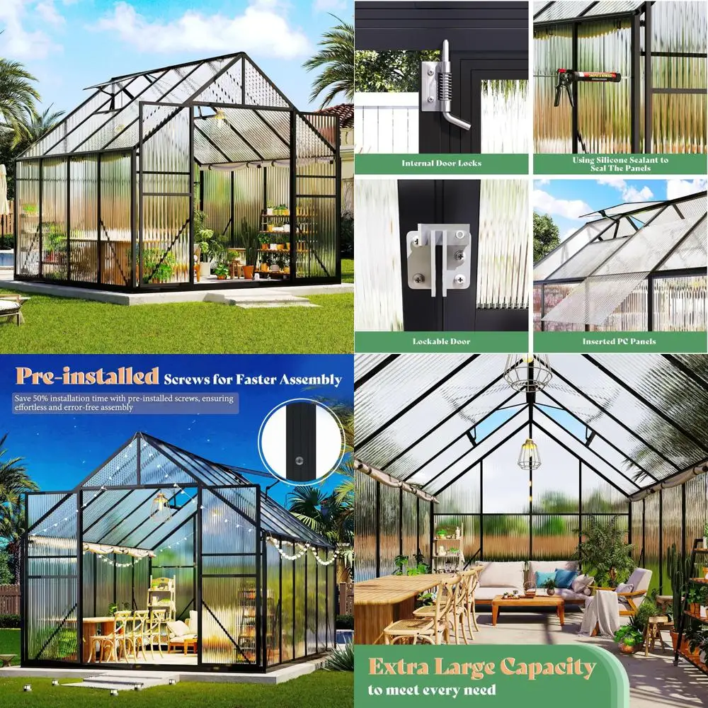 

Наружная теплица из поликарбоната с алюминиевой рамой, размеры 8x8x7, 2 окна и распашные дверцы