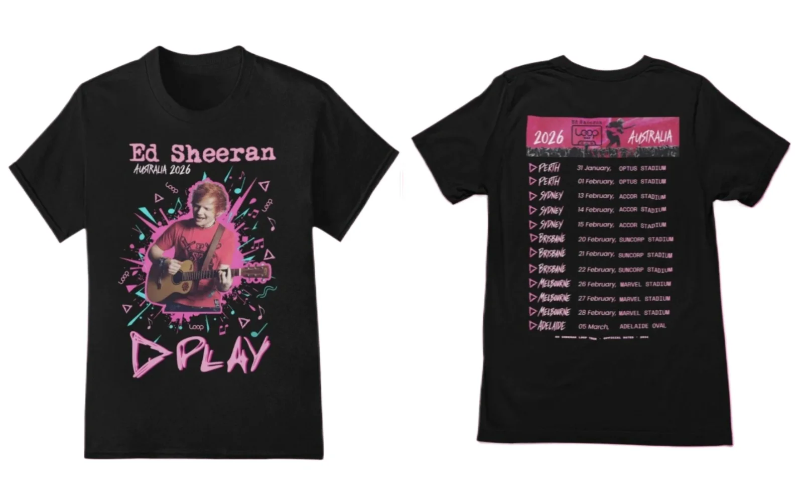 2026 الأسترالية حلقة جولة إد شيران حلقة جولة المشجعين تي شيرت القطن فضفاض تي شيرت اللعب انفجار المحملة للجنسين الأسود التي شيرت الوردي طباعة