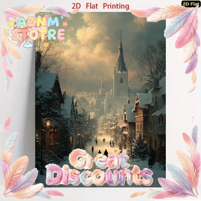 1pc Vintage European Winter Village Canvas Poster - Snow-Covered Cobblestone Streets & Half-Timbered Houses - Wrapped Canvas