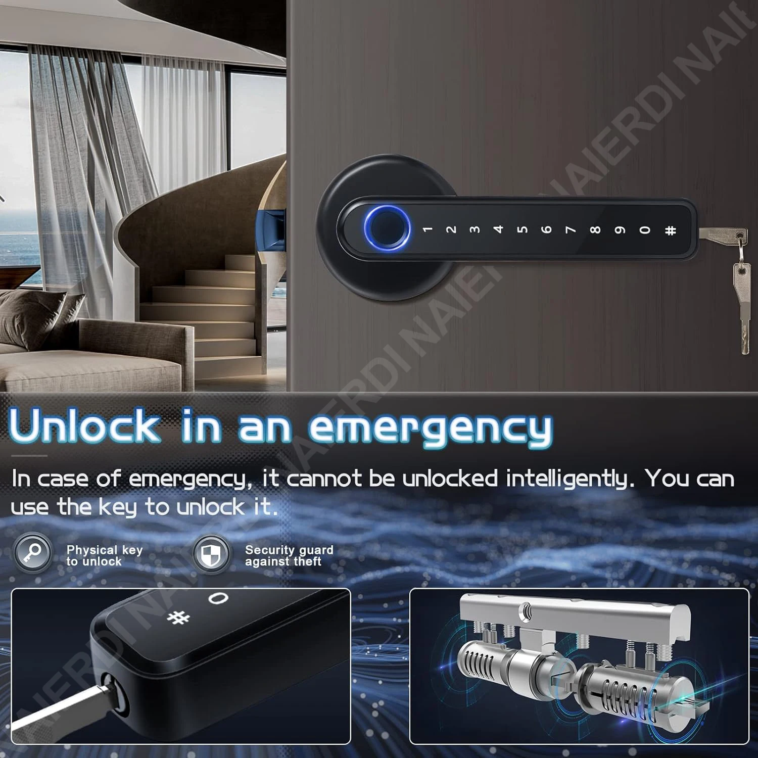 NAIERDI Fingerprint Smart Door Lock Black Biometric Door Lock with Handle Password Keyless Entry Security Door Hardware