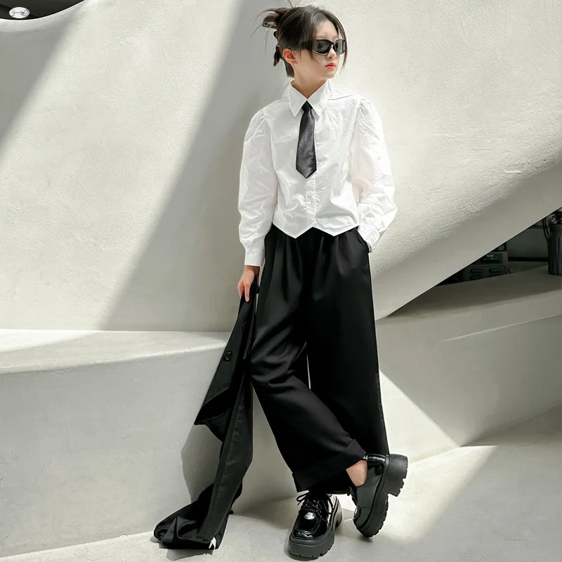 2026 Autumn Girls Suit Stylish Blazer Vest + Shirt + Wide-Leg Pants 3-Piece Set School Teen Children Formal Clothes Kids Outfits