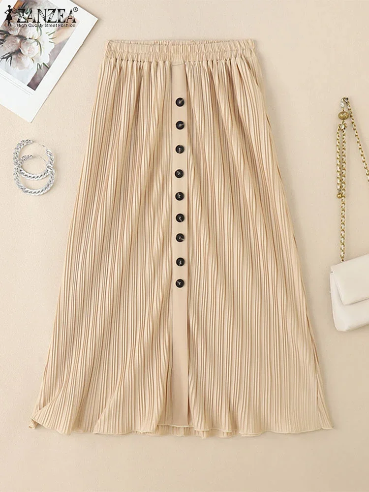 

ZANZEA/2020 летние женские юбки, плиссированные однотонные верхние юбки с эластичной резинкой на талии, повседневные трапециевидные пуговицы до середины икры, большие размеры