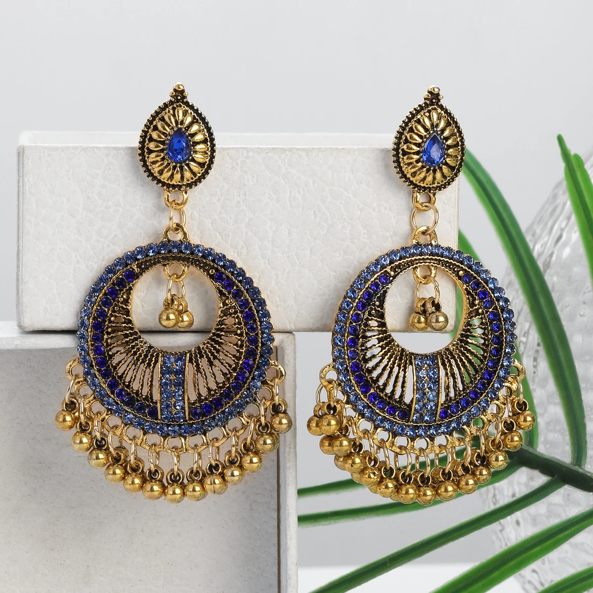 New Pendientes Indian Bollywood Jewelry Jhumka Vintage Blue Crystal Geometric Pendant Earrings Bohemia Brincos Feminino