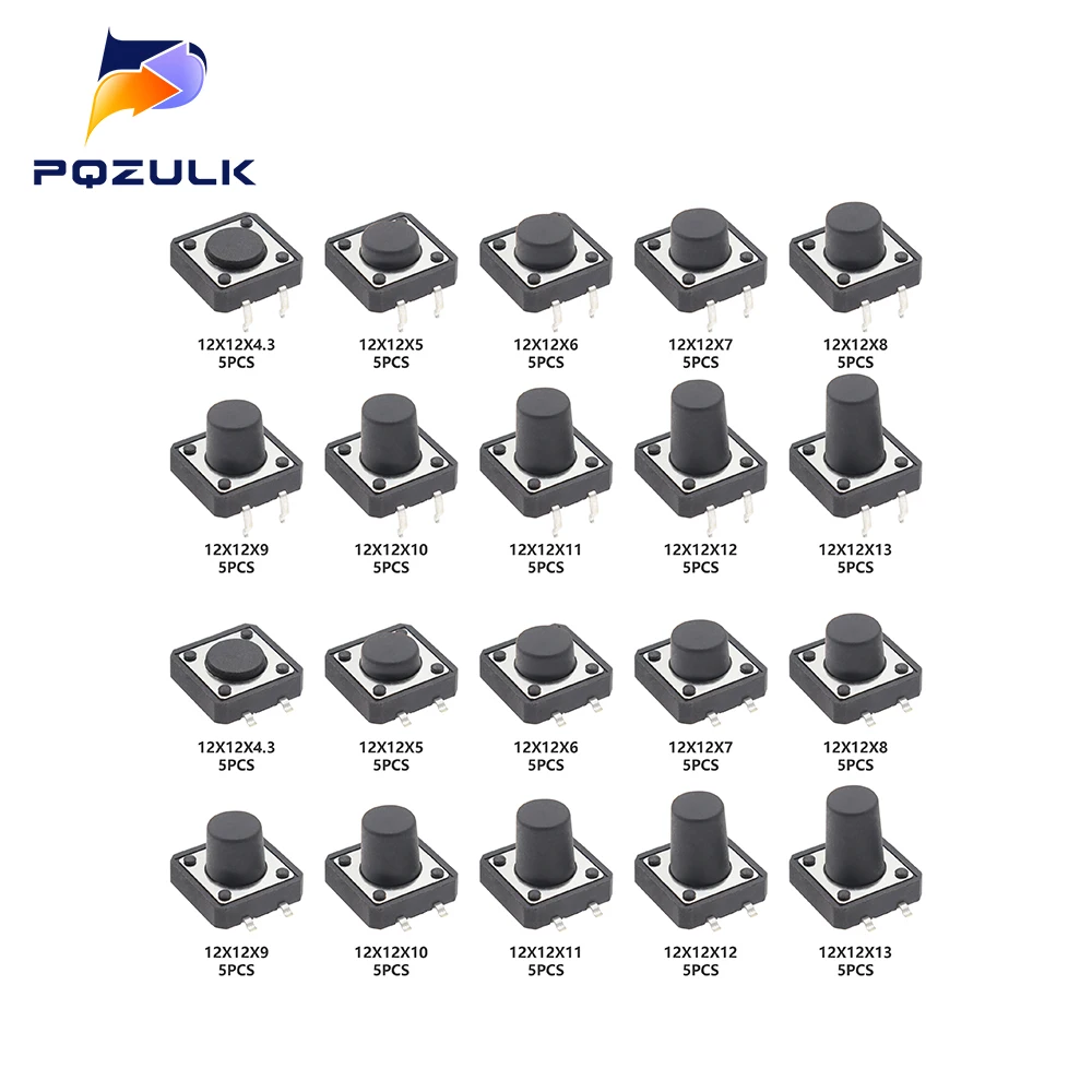 50PCS 10 Models 12*12 SMD Tact Switch Tactile Push Button Switch Kit Height: 4.3 5~13MM DIP 4P Micro Switch 12x12 Key Switch