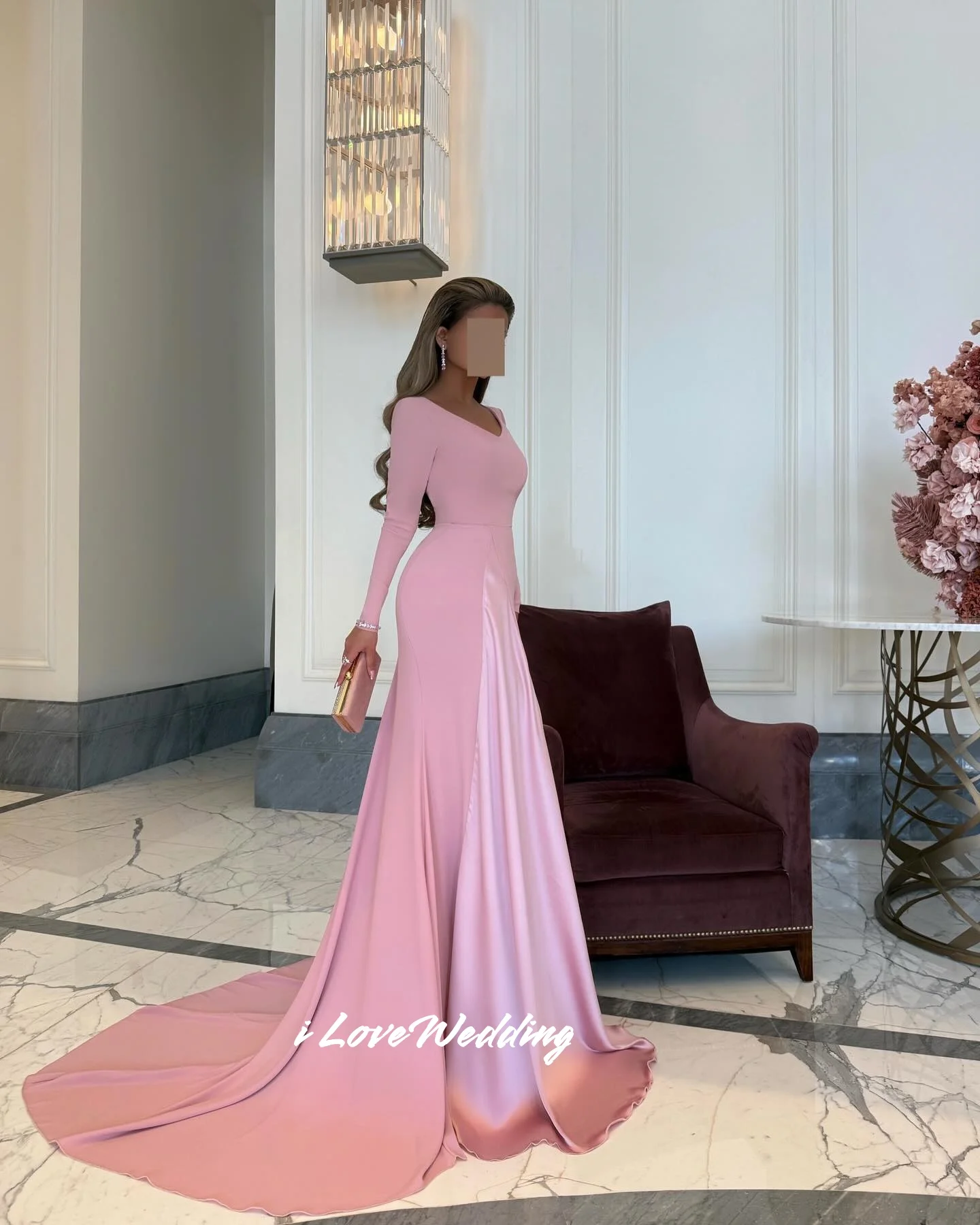 

Pink V-Neck Evening Dresses 2025 Long Sleeve Mermaid Floor-Length Sweep Train Elegant Pleated Wedding Party Dresses Customized