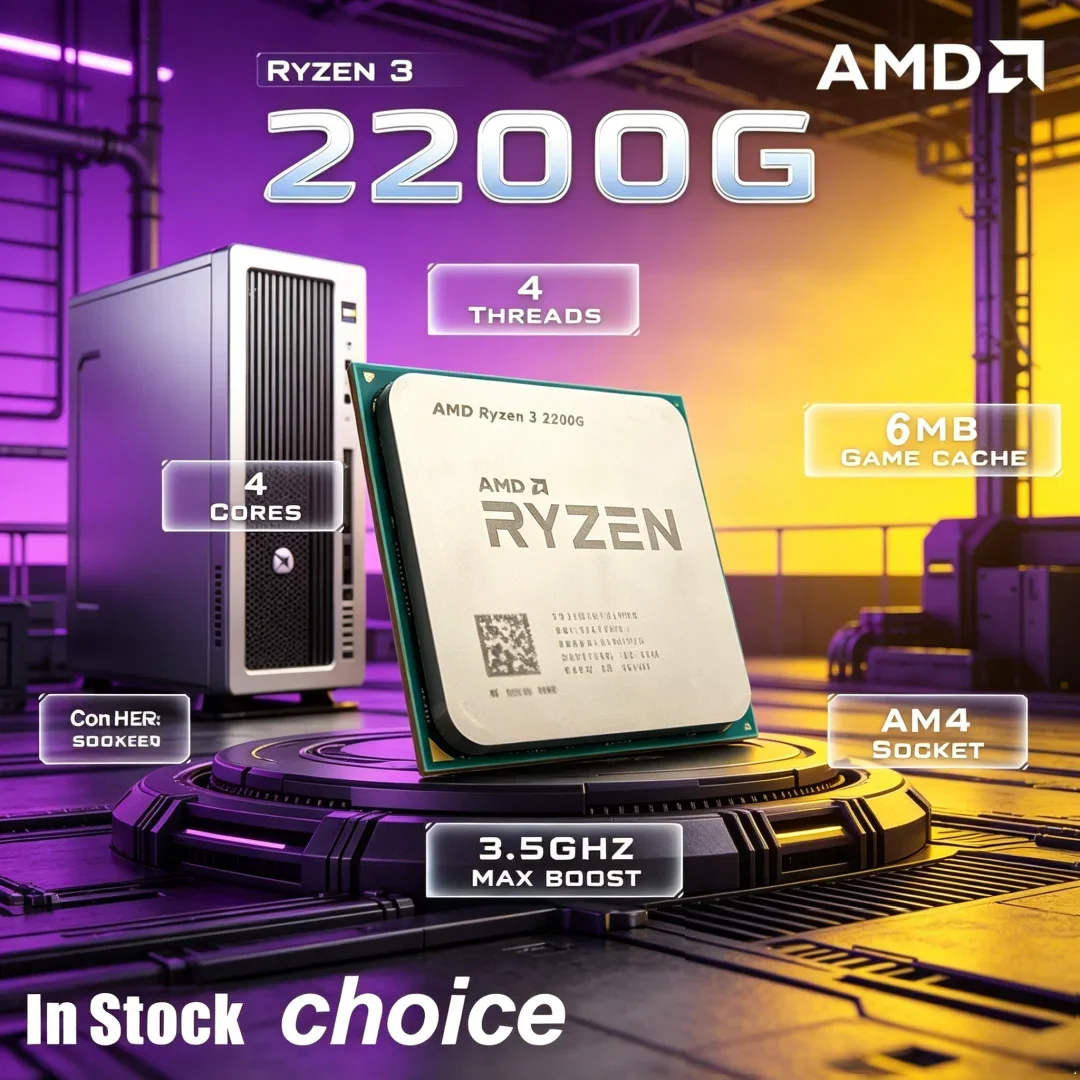 Opción Económica: CPU AMD Ryzen 3 2200G R3 2200G de 3.5 GHz Zen 0.014 de Cuatro Núcleos y Cuatro Hilos, YD2200C5M4MFB, Socket AM4, Sin Enfriador