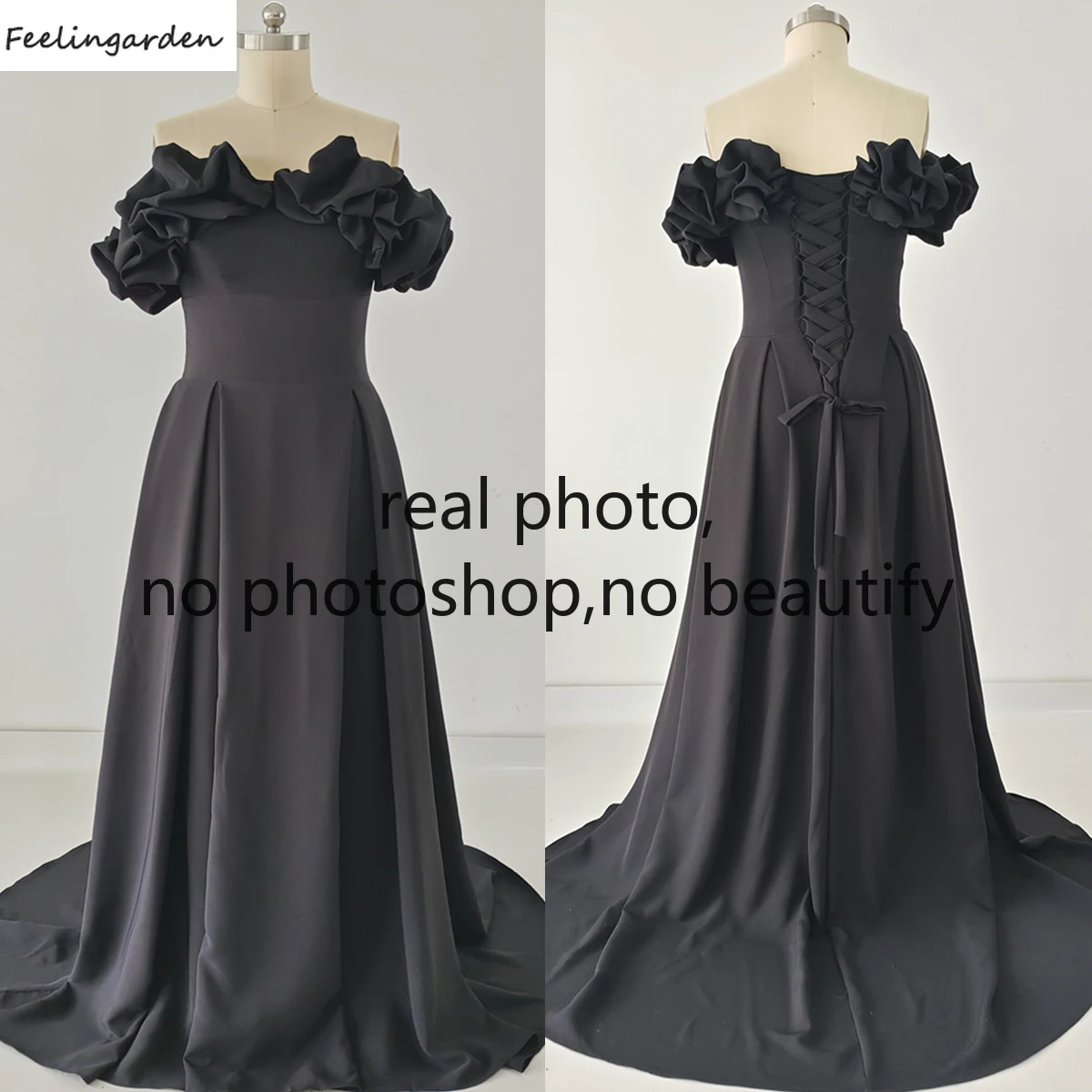 

Feelingarden Evening Dress Real Photo Plus size Black Jersey Off the Shoulder Short Sleeves Trail Floor Length Formal Party Gown