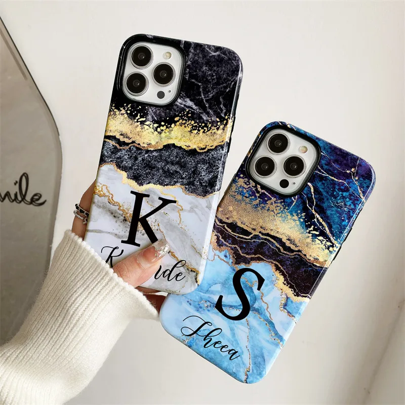 Funda protectora 2 en 1 de mármol con nombre personalizado para iPhone, carcasa brillante de silicona suave y dura para PC, 14, 13, 15 pro max, 12, 11 Pro Max, 14, 15plus