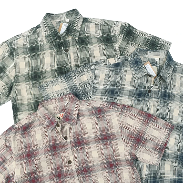 

Summer New Japanese Retro Short-Sleeve Turn-down Collar Plaid Shirt Men's Fashion 100% Cotton Washed Old Loose Casual Blouses