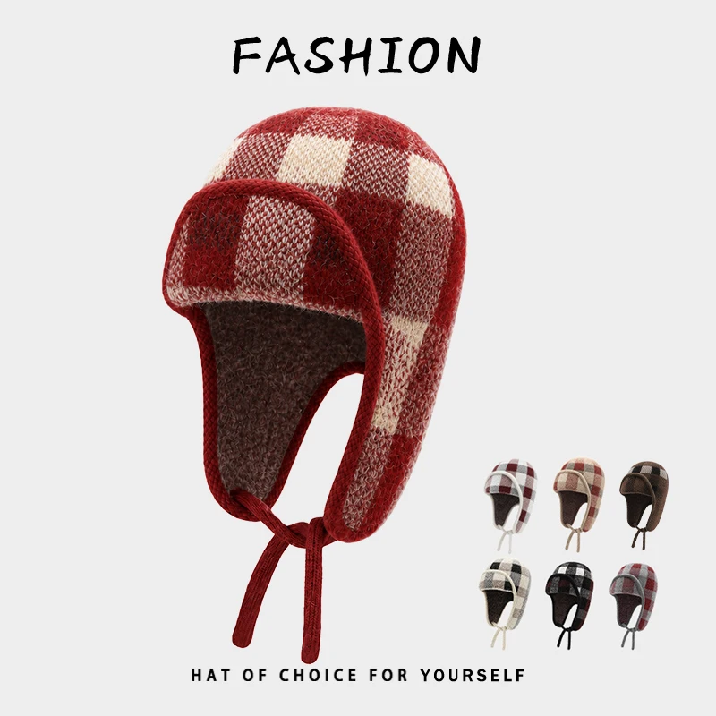 Red Plaid Knit Earflap Beanies for Women Winter Warm Checkered Pullover Hat Soft Fleece Lining Tie String Ear Protection Cap