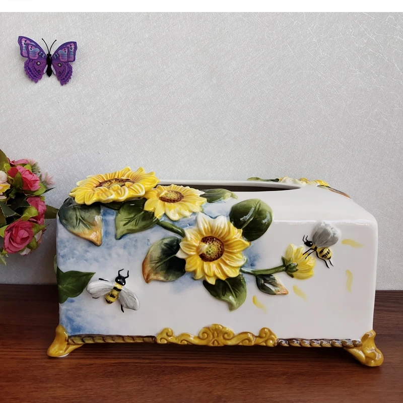 European pure hand-painted ceramic sunflower tissue box holder Living room table coffee paper towel home decoration