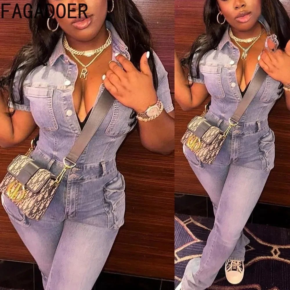 FAGADOER Blue Denim Jumpsuits Women Fashion Short Sleeve Lapel Cargo Pocket Stretchy Bodycon One Pieces Jeans Overall Streetwear