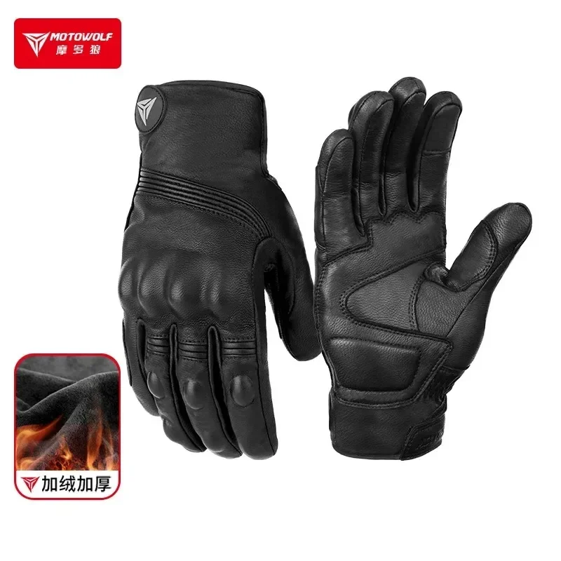 Winter Thick Plush Lined Leather Motorcycle Gloves Windproof Thermal Full Finger Shockproof Protective Riding Gear For Motocross