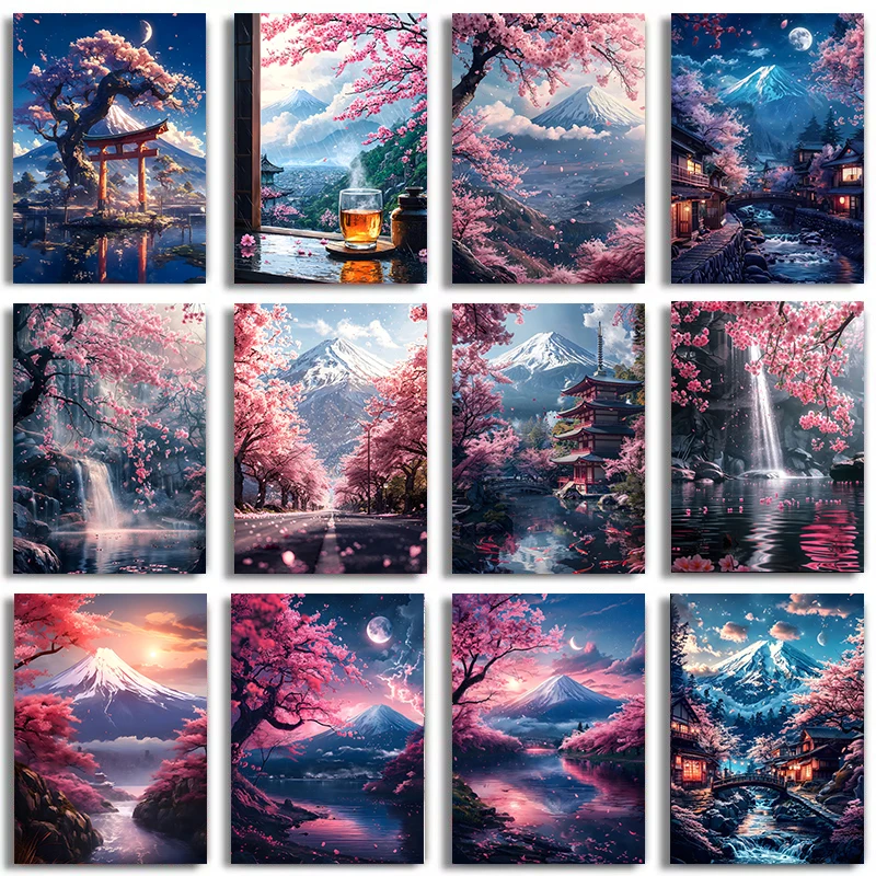 Póster de flores de cerezo japonesas mont Fuji en la ciudad rosa claro, impresiones de viajes asiáticos, pintura en lienzo, imágenes de pared, decoración de la habitación del hogar