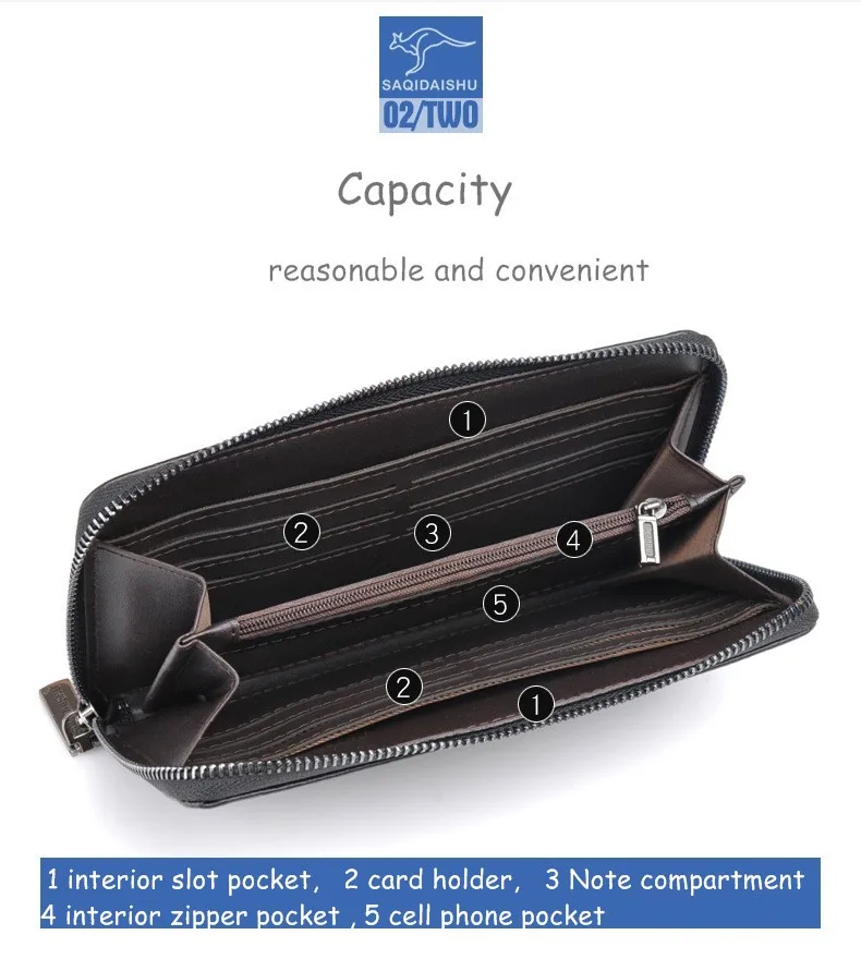 Men's Genuine Leather Cowhide Long Wallet Clutch Card Holder with Mobile Pocket Handbag for Male