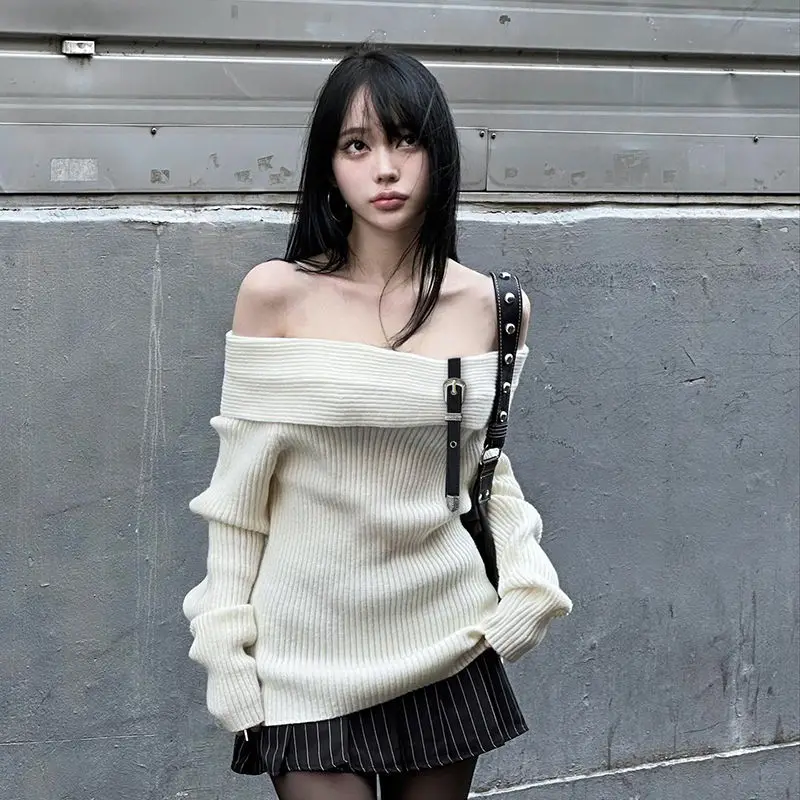 Sweaters Belt Off Shoulder One-Piece Collar Women Y2k Solid Autumn Winter Vintage Fashion Pull Femme Sexy Short Pullovers
