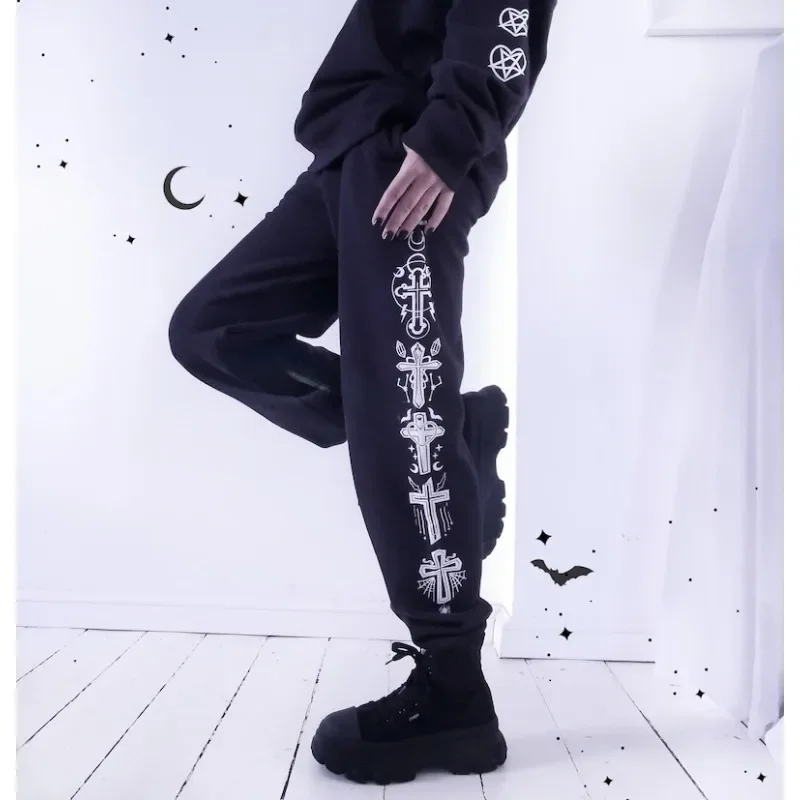 Unisex Vintage Dark Gothic Cross Print Jogger Sweatpants Casual Streetwear Halloween Party Daily Loungewear for Adult Men Women