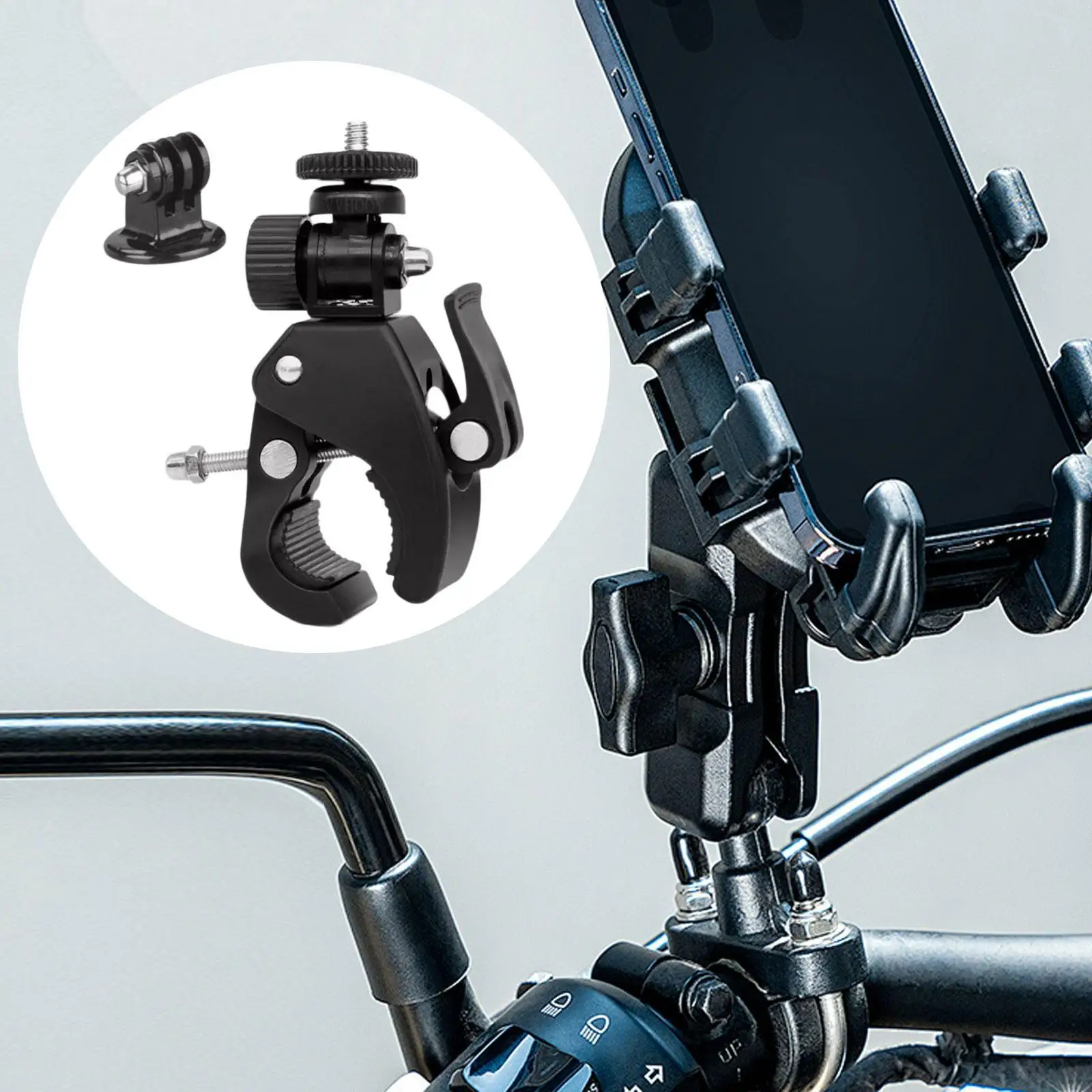 2xMotorcycle Camera Mount Pipe Bar Clamp Bracket Support Phone Holder for Action Camera Easy to Install Wear Resistant Non Slip