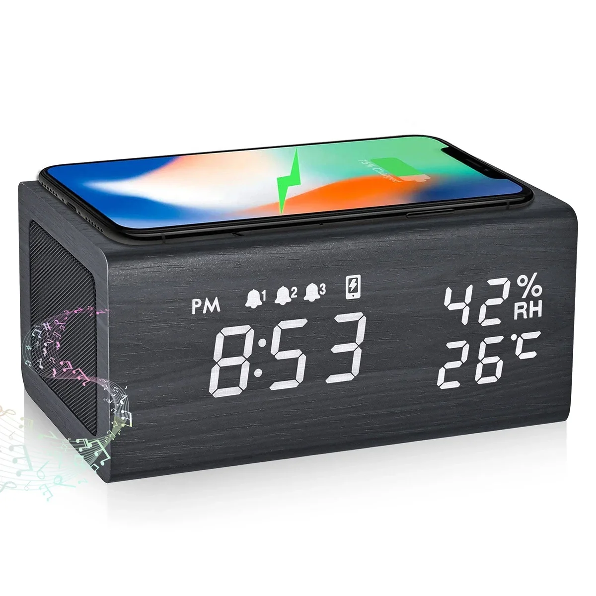 YYHC-Multifunctional Luxury Business Gift Wood LED Alarm Clock with Phone Wireless Charger Bluetooth Speaker