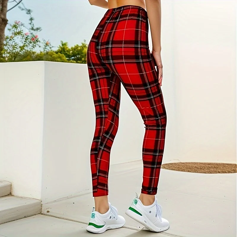 Vermelho quadriculada esporte feminino e leggings de fitness