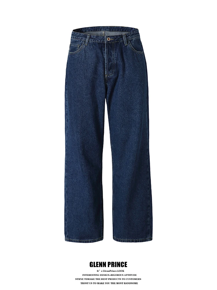 

Классические мужские джинсы Waed Deep Blue в стиле ретро, свободные прямые брюки на пуговицах, универсальные для повседневной носки и поездок на работу