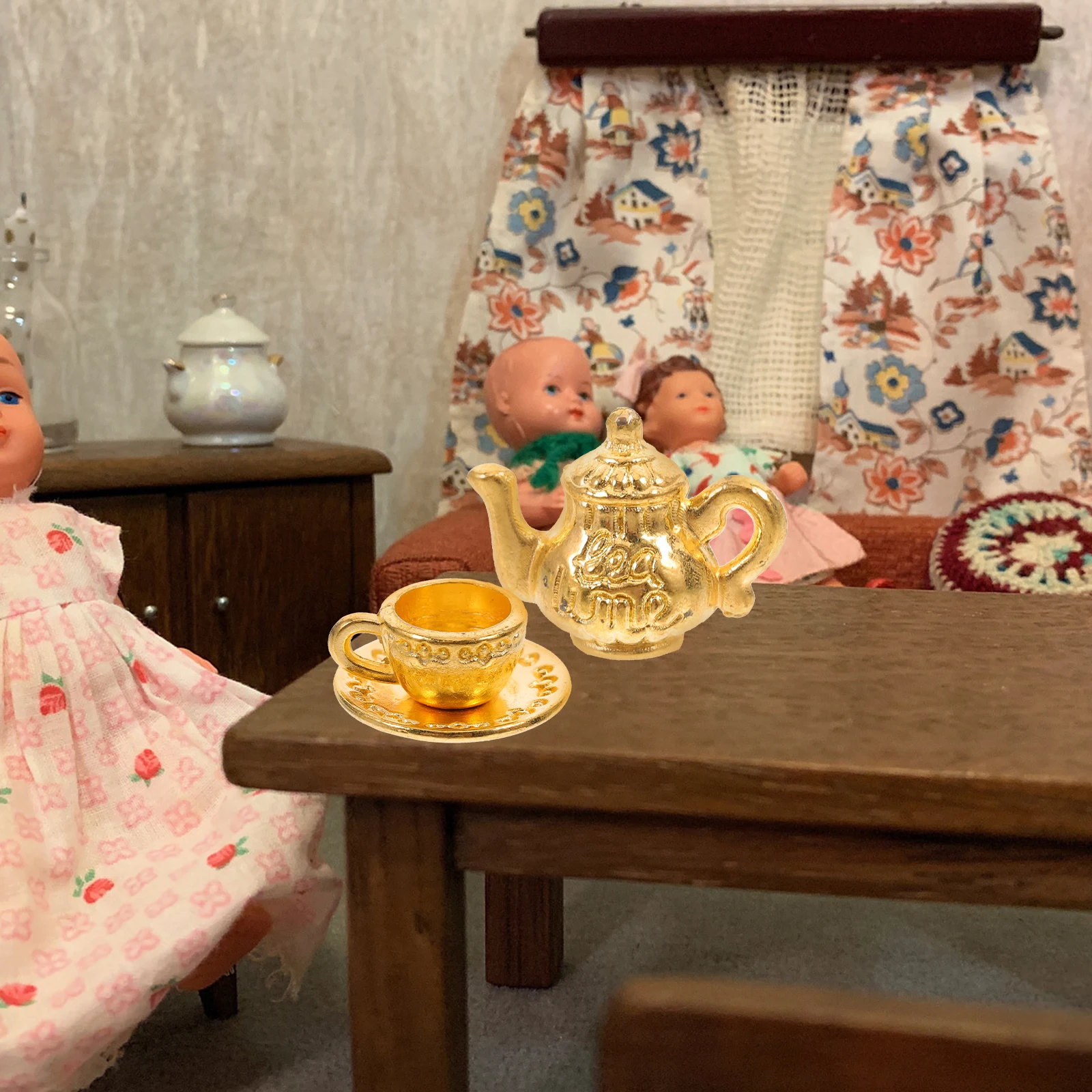 

1 set Miniature Metal Tea Set House Vintage Mini Teapot Kitchen Playset For Realistic Scene Pretend Play Mini House Accessories